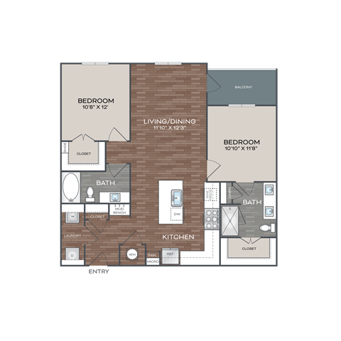 Floor plan for 2 beds, 2 baths, 1089 sqft